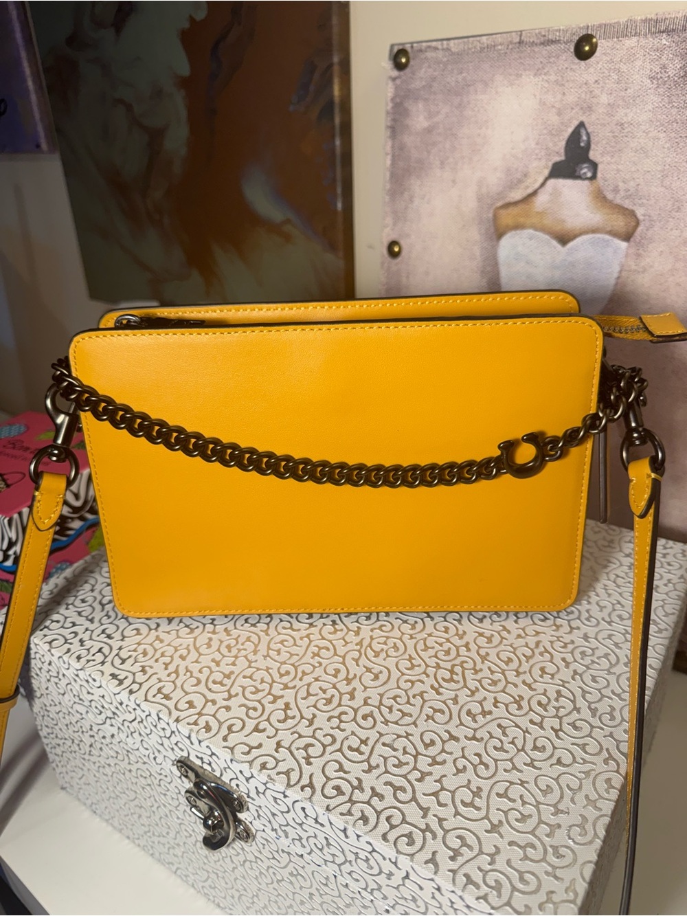 Coach Yellow Crossbody Bag with Dark Metal Chain